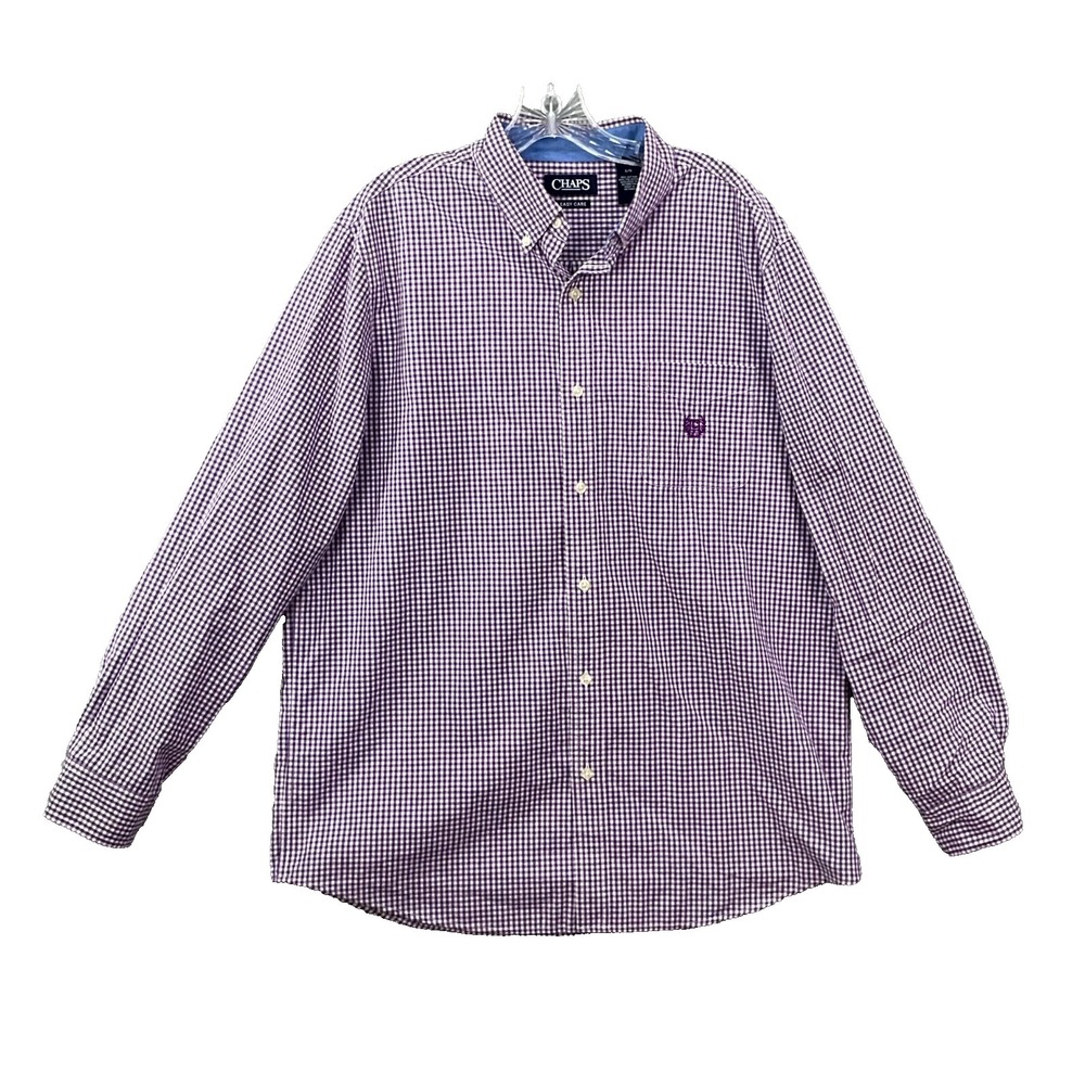 Chaps Easy Care Shirt Mens Large Micro Gingham Crest Logo Academia Button Down